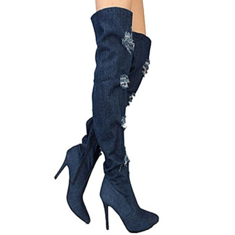 Under The Knee Low Stiletto Heel Denim Boots