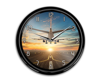 Airplane over Runway Towards the Sunrise Printed Wall Clocks