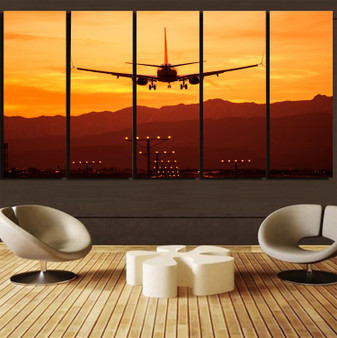 Landing Aircraft During Sunset Printed Canvas Prints (5 Pieces)