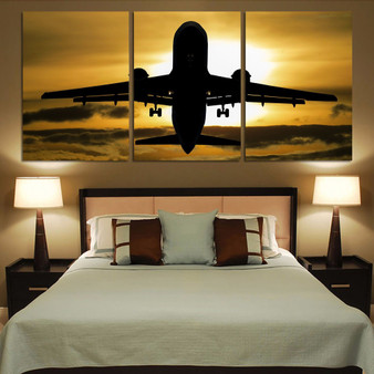 Departing Passenger Jet During Sunset Printed Canvas Posters (3 Pieces)
