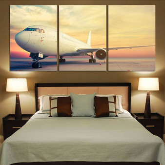 Parked Aircraft During Sunset Printed Canvas Posters (3 Pieces)