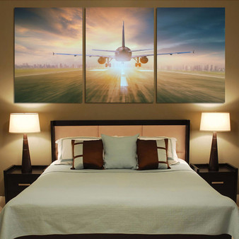 Airplane Flying Over Runway Printed Canvas Posters (3 Pieces)