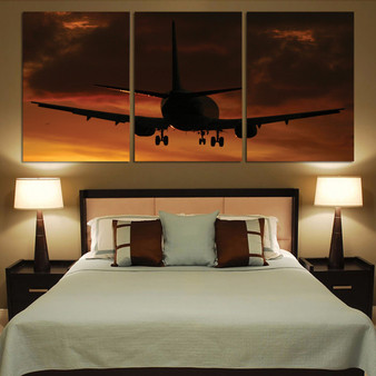 Beautiful Aircraft Landing at Sunset Printed Canvas Posters (3 Pieces)