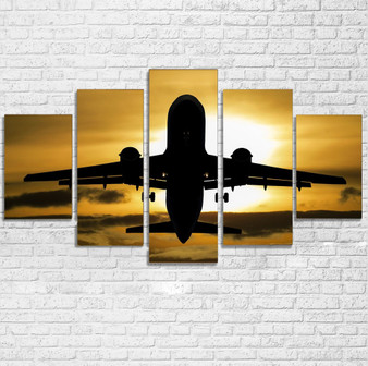 Departing Passenger Jet During Sunset Printed Multiple Canvas Poster