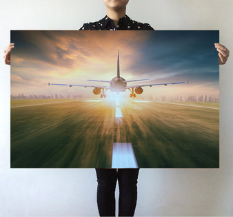 Airplane Flying Over Runway Printed Posters