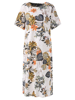 Women Vintage Short Sleeve Cotton Floral Maxi Dress