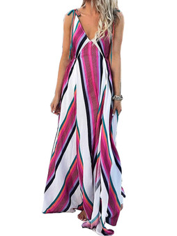 Bohemian Sleeveless Strap Stripe Swing Long Maxi Dress