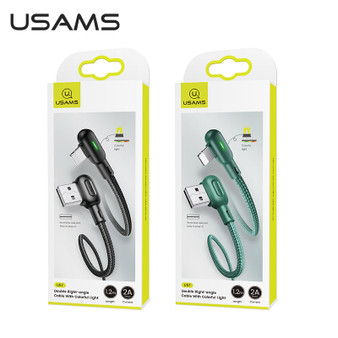 USAMS USB Type-C Cable Right-angle LED Light Indicator Braided Cable USB 2.0 480Mbps Data Sync Cord Line For Samsung Galaxy Note 20 S20 Ultra Huawei
