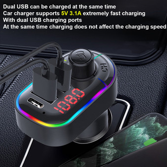 QC3.0 PD Fast Charging Dual USB with Ambient light 7+1 colors bluetooth 5.0 12V-24V HD Sound Wireless Car FM Transmitter Player