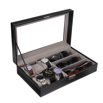 Glass Watch Storage Box PU Leather Solid Wooden Case