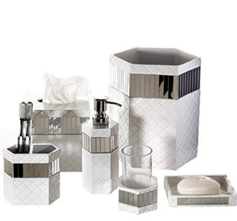 Creative Scents Quilted Mirror Bathroom Accessories Set, 6 Piece Bath Set Collection Features Soap Dispenser, Toothbrush Holder, Tumbler, Soap Dish, Tissue Cover, Wastebasket