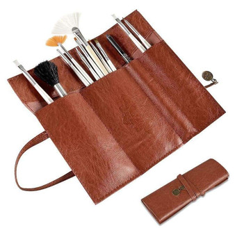 Brown Roll Up Leather Beauty Makeup Cosmetic Pencil Case Bag Makeup Brush Holder
