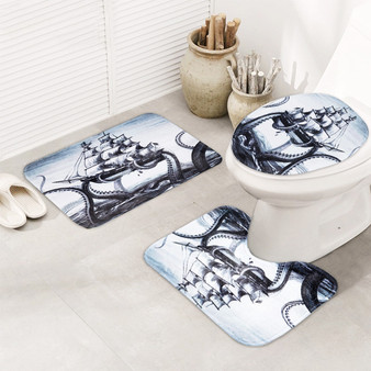 3Pcs Octopus Bathroom Rug Sailing Anti-slip Bath Carpet Toilet Seat Lid Rug Floor Mat