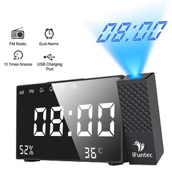 Projection Alarm Clock Digital FM Radio Dual Alarm Volume Snooze Time Humidity Temperature DisPlay