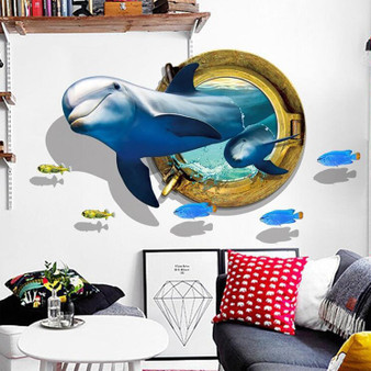 Miico Creative 3D Dolphin Window Sea Fishes PVC Removable Home Room Decorative Wall Door Decor Sticker
