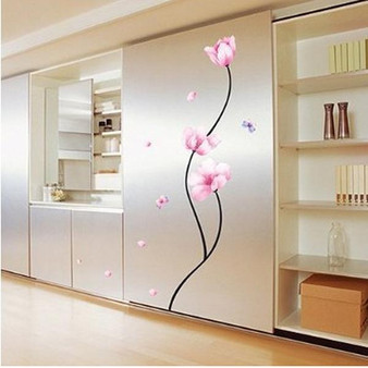 Removable PVC Pink Flower Stem Wall Sticker Room Decor Decal