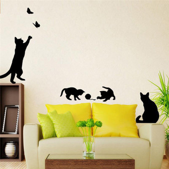 Cat play Butterflies Wall Sticker Removable Decoration Decals for Bedroom Kitchen Living Room Walls