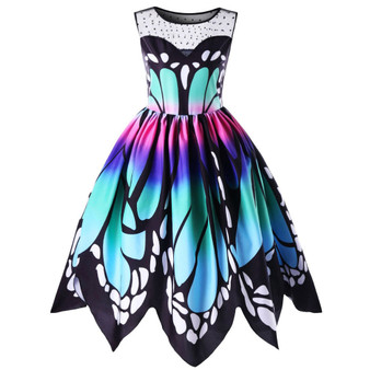 Womens Butterfly Printing Sleeveless Party Dress Vintage Swing Lace Dress