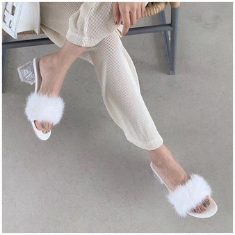 Autumn Women Shoes Women Real Fur Slipper High Quality Mink Hair Sandal Ladies Square Crystal Heel Fashion Casual Plush Shoes