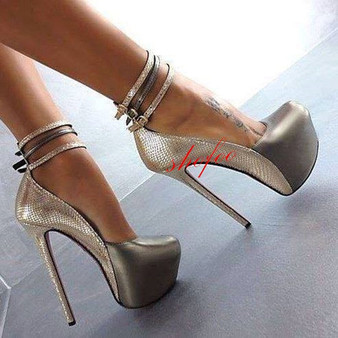 SHOFOO shoes,novelty fashion women's shoes ,gray (red) PU, buckle, 14.5 cm high heels,round toe pumps. SIZE:34-45