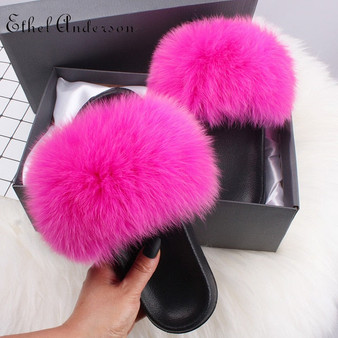 Real Fox Fur Slides For Women Furry Plush Slippers With Raccoon Fur Female Cute Fluffy Designer Wholesale Flip Flops Shoes