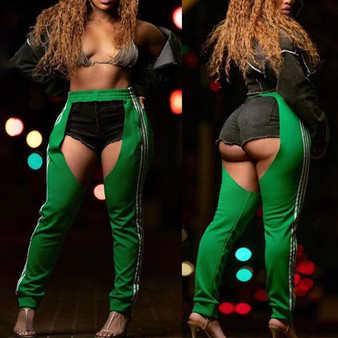 Sexy Hollow Out Open Crotch Club Pants Trousers Womens High Waist Buckle Loose Pencil Pants
