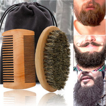 High Quality Soft Boar Bristle Wood Beard Brush & Mustache Comb Kit With Gift Bag