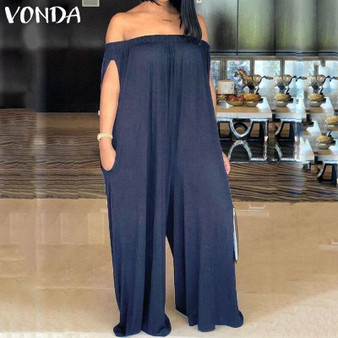 Plus Size Rompers Womens Jumpsuit VONDA 2021 Vintage Denim Wide Leg Pants Sexy Off The Shoulder Playsuits Casual Loose Overalls