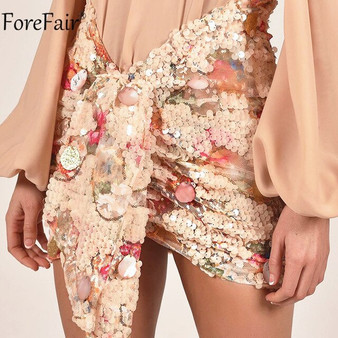 Forefair Cross Sequins Skirt Pleated Sexy Night Party PU Outfit Club Women Summer Asymmetrical Wrap Mini Glitter Skirt