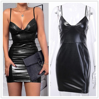 Fuedage Summer PU Leather Black Sexy Women Dress Spaghetti Strap V Neck Bodycon Dresses Backless Club Party Dress Vestidos