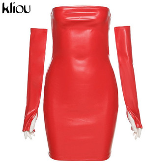 Kliou Faux PU Leather With Gloves Party Dress Women Backless Sexy Hot Clubwear Skinny Slim Solid Fashion Bodycon Mini Dresses