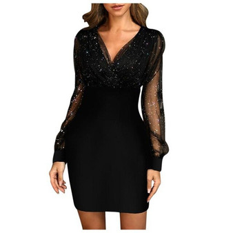 Women Sexy V-neck Dresses Sexy Hot Club Party Elegant Dresses Formal Evening Short Mini Dress Autumn Winter Mesh Sleeve Vesidos