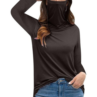 4XL 5XL Plus Size Women Cotton T Shirt Casual Turtleneck Face Mask Solid Long Sleeve Black Pink Tees Shirt 2020 Autumn Tops