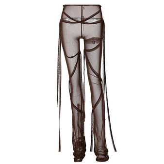 Simenual Belt Mesh Sexy Hot Boot Cut Pants Women Mid Waist See Through Sheer Long Trousers 2020 Fall Fashion Night Club Pants