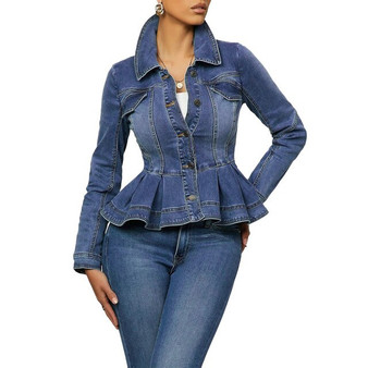 Ladies Fashion Denim Jacket Women Ruffles Slim Turn Down Collar Jacket Female Short Denim Jacket