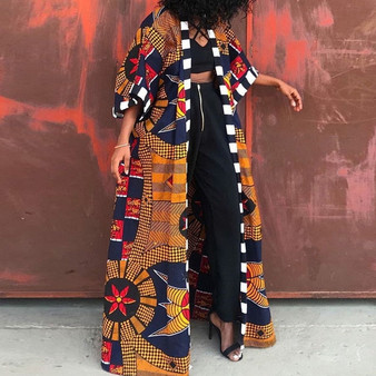 Women Long Trench Coat Fashion African Style Streetwear Oversized Cardigan Spring Fall Clothing Vintage Floral Print Outwear