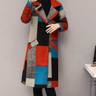 KANCOOLD Vintage Women Coat Multi-Colors Patchwork Oversize Lapel Cashmere Wool Blend Belt Coat Outwear Comfortable Jacket