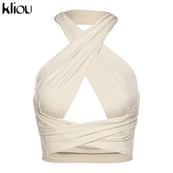 Kliou Solid Halter Crop Tops Women Bandage Hole Sexy Backless Tanks Vest Skinny Party Clubwear Female Hot Outwear Outfits Summer