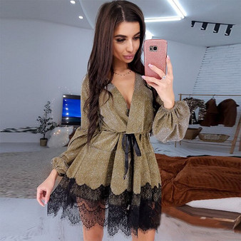 Women Sashes Lace Patchwork a Line Party Dress Ladies Long Sleeve v Neck Sexy Club Dress New Fashion Bright Shiny Dress