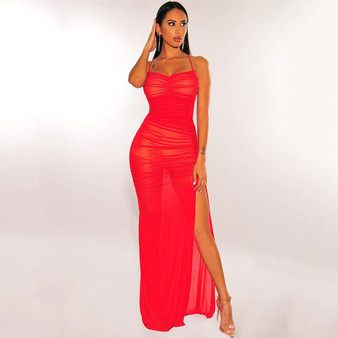 2021 Summer Women Sexy See Through Mesh Ruched Maxi Dress Spaghetti Strap V Neck Backless High Split Club Night Party Dresses