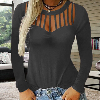 2020 Ladies Shirt Fashion Women Hollow Sexy Solid Casual Tops Long Sleeve Slim Pullover Shirt Spring Autumn O-Neck Soft Shirts
