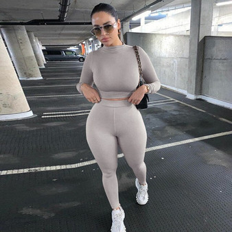 2Pcs Women Long Sleeve Sportswear Autumn Spring Elastic Cropped Top Tight-fitting Long Pant Outfit Elegant Female Set Tracksuit