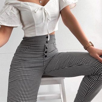 InstaHot High Waist Pants Autumn Elegant Trousers Women Grey Plaid Button Front Ladies Pencil Skinny Pants Casual Streetwear