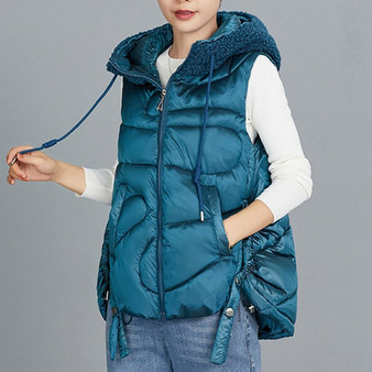 2020 Women hooded vest jacket Autumn Winter casual padded warm Lamb wool hat solid sleeveless waistcoat jacket