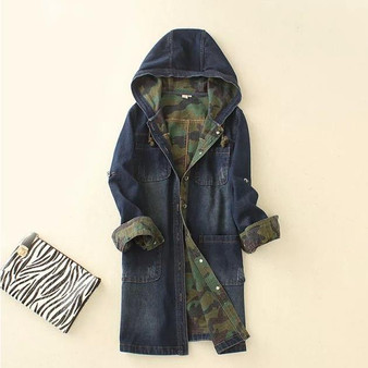 Single-breasted long denim hooded jacket camouflage high quality women denim jacket spell color