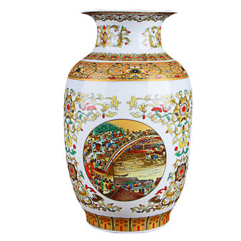 Jingdezhen Antique Golden Ceramic Vase Riverside Scene at Qingming Festival Chinese Porcelain Vases