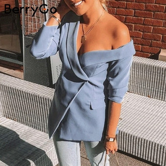 BerryGo Sexy one shoulder women blazers and jackets Asymmetrical work winter blue blazers female 2019 Office ladies blazer coat