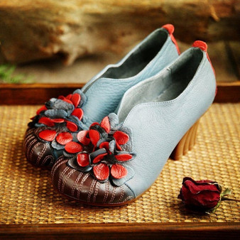 Tyawkiho Designer Women Blue Pumps Retro Lady 6CM High Heels Slip On Black Flower Pumps Handmade Women Genuine Leather Shoes