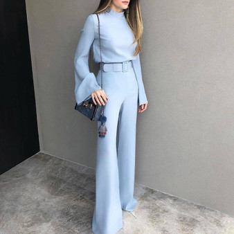 2019 Spring Women Fashion Elegant Office Workwear Casual Jumpsuits High Neck Bell Sleeve Wide Leg Romper With Belt