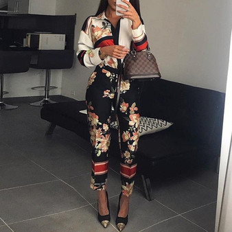 Women Fashion Elegant Casual Workwear Party Romper Female Floral Print Turn-Down Neck Long Sleeve Jumpsuit
